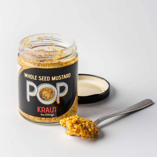 Pop Kraut whole grain mustard open on a spoon front view