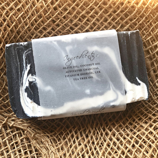 Soap - Tea Tree & CharcoalTea Tree is known for its cleansing properties as well as it's antibacterial.  Activated Charcoal has been used for centuries to pull out toxins.    front label 3