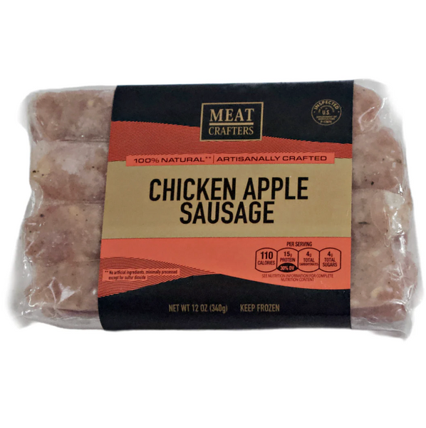 Packaged chicken apple sausage with 'Meat Crafters' label on a white background