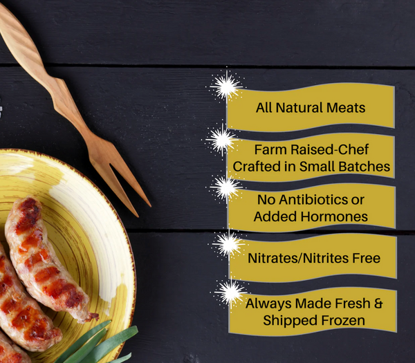 Sausages on a plate with a list of product features on a dark background