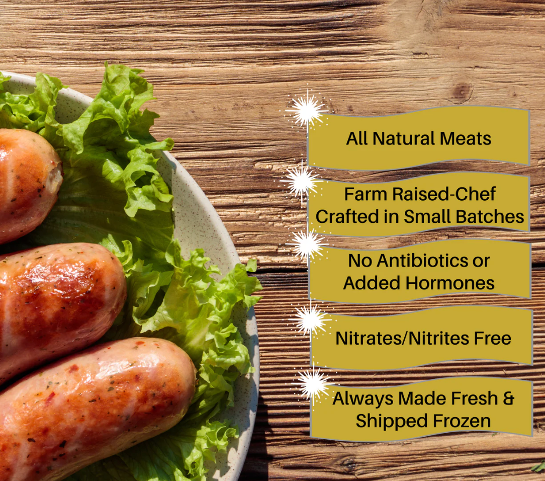 Sausages on a plate with lettuce, displayed on a wooden surface with text about meat quality.
