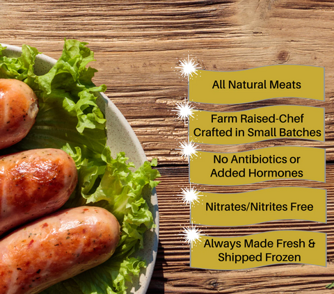 Sausages on a plate with lettuce, displayed on a wooden surface with text about meat quality.