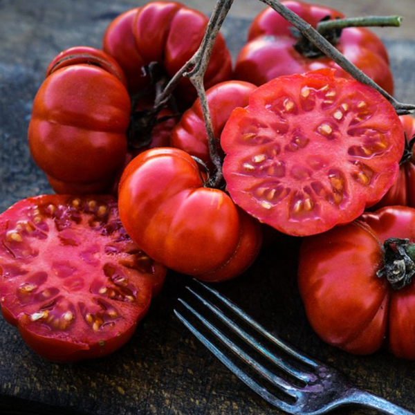 A group of red Costoluto Genovese tomatoes, some whole and some cut in half, showing the inside. A fork is also visible in the image.