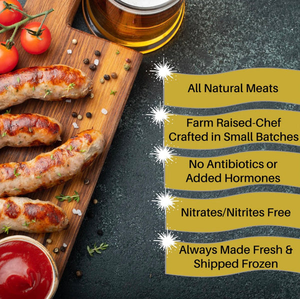 Grilled sausage links on a wooden board with tomatoes, garlic, and a ketchup dip, alongside a vertical text panel describing product qualities such as all natural meats, farm raised chef crafted in small batches, no antibiotics, nitrites free, and fresh frozen shipping.