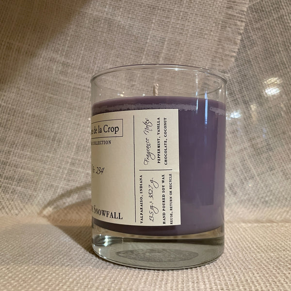 100% Soy Wax, Hand-Poured Candle  Fragrance Note:  Peppermint, Vanilla, Chocolate, Coconut  Our Alpine Snowfall candle is inspired by the mountains of Switzerland side