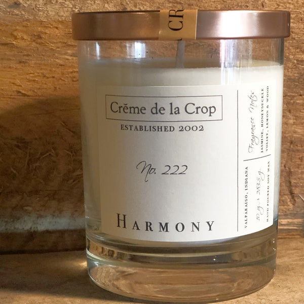 Soy Candle - Harmony - Honeysuckle 100% Soy Wax, Hand-Poured Candle - 14 oz Fragrance Note: Jasmine, Honeysuckle, Violet, Tagete, Lemon, Wood, Essential Oils Floral and enchanting front with lid